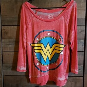 Slouchy, Distressed Top w/ Large Wonder Woman Logo